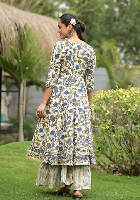 White Floral Print Cotton Sharara Set