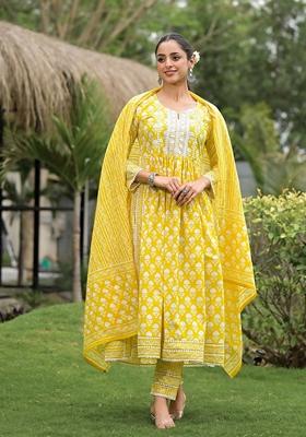 Yellow Floral Print Cotton Kurta Set