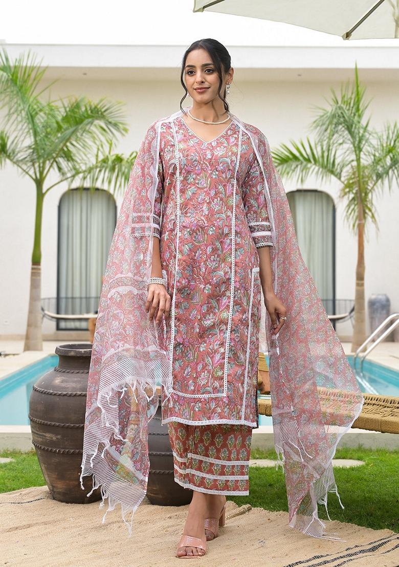 Maroon Floral Print Cotton Kurta Set - Indya