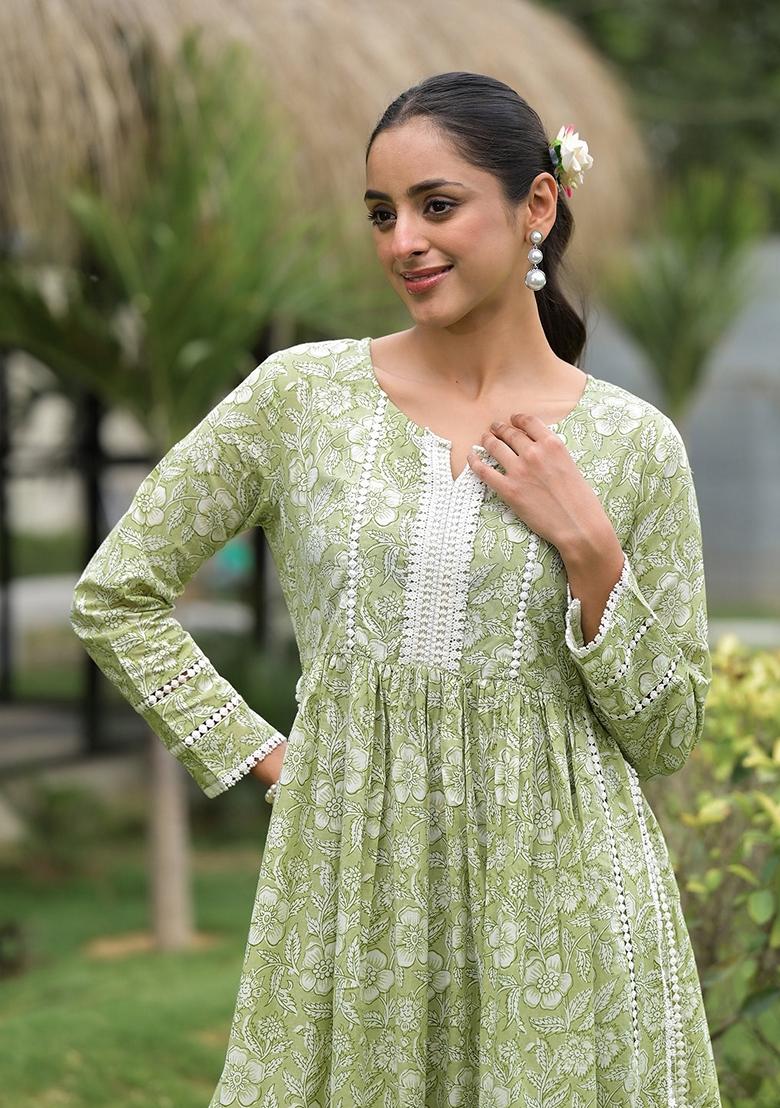 Green Floral Print Cotton Kurta Set