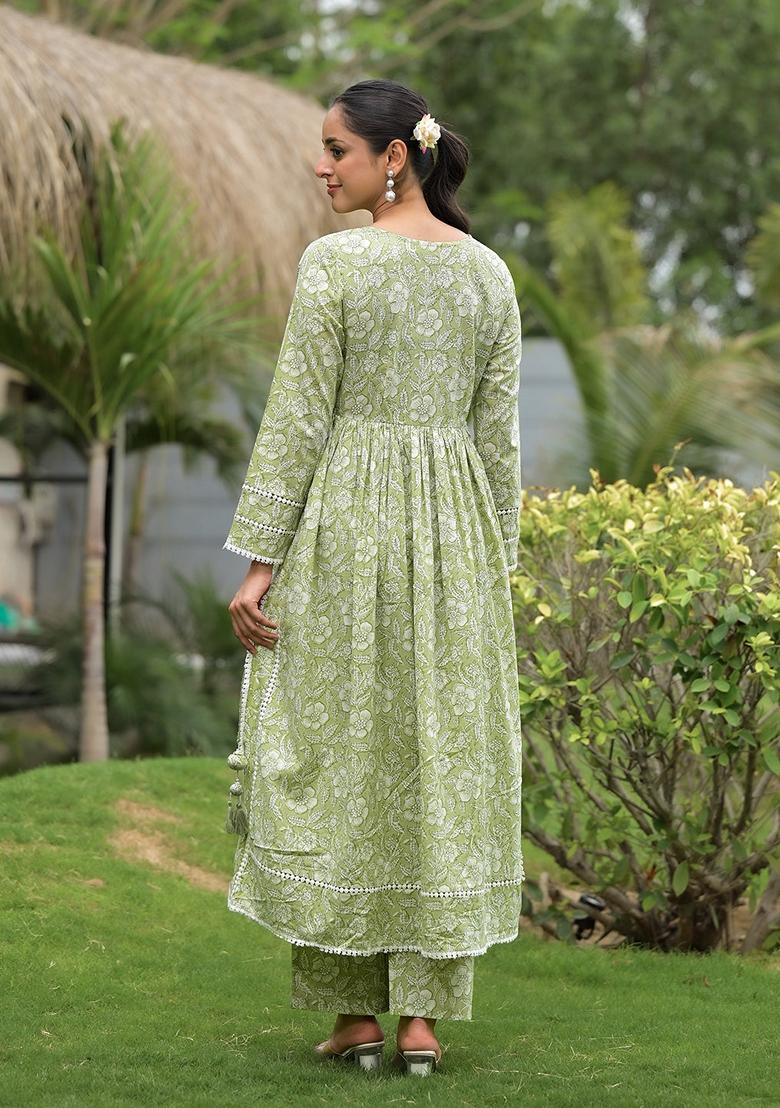 Green Floral Print Cotton Kurta Set