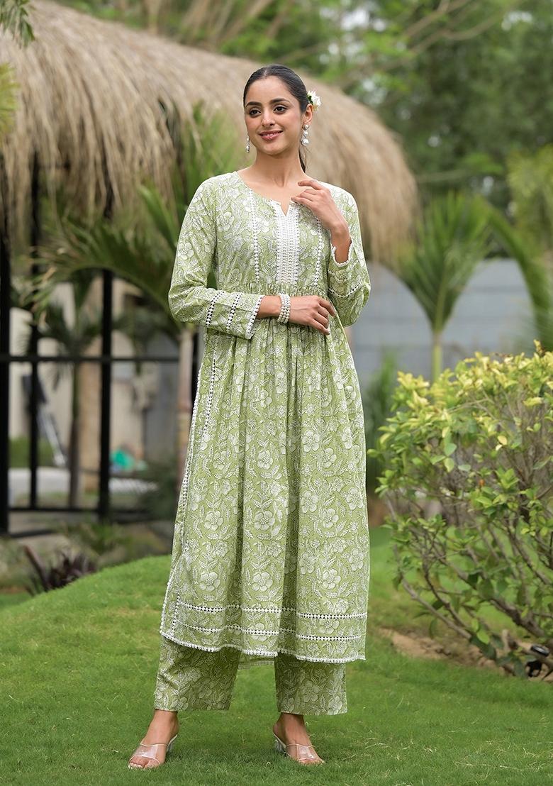 Green Floral Print Cotton Kurta Set
