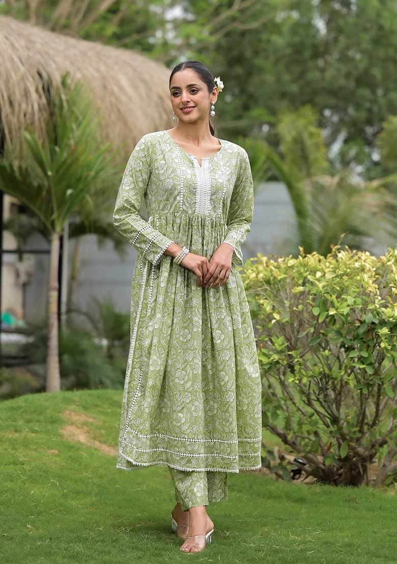 Green Floral Print Cotton Kurta Set