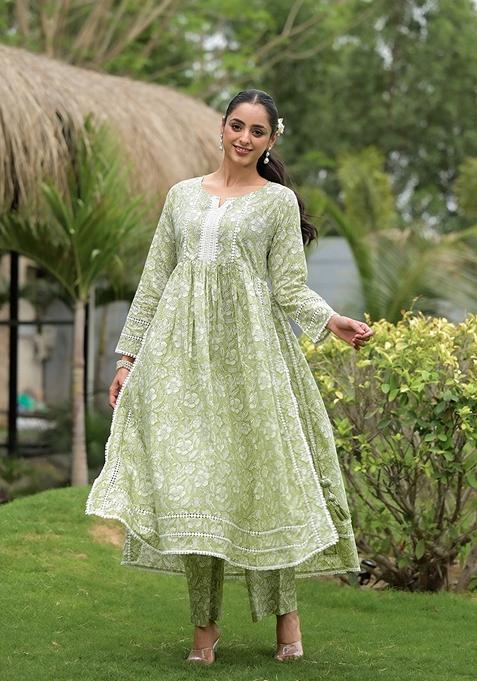 Green Floral Print Cotton Kurta Set