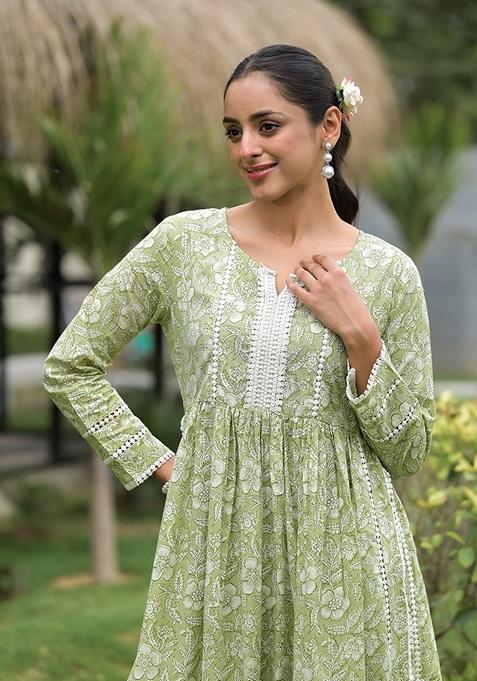 Green Floral Print Cotton Kurta Set