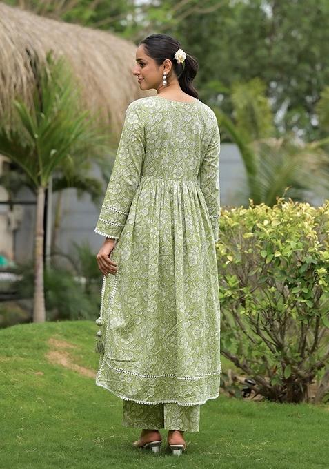 Green Floral Print Cotton Kurta Set