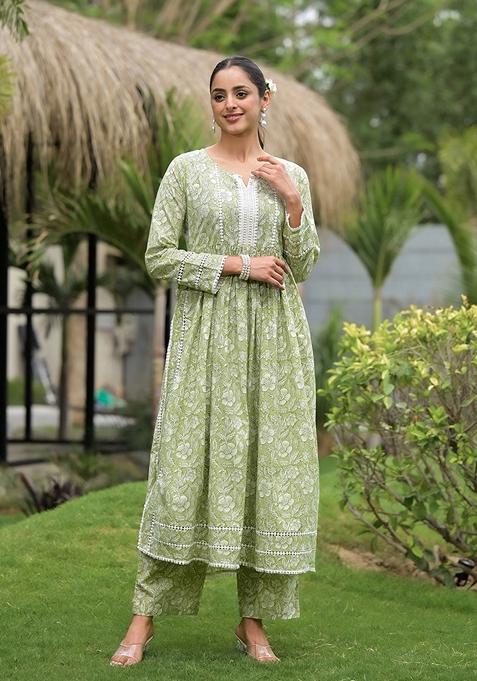 Green Floral Print Cotton Kurta Set