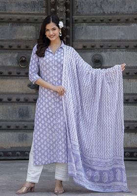 Purple Printed Pure Cotton Kurta Set