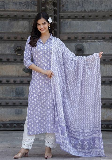 Purple Printed Pure Cotton Kurta Set