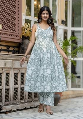 Green Floral Print Pure Cotton Kurta Set