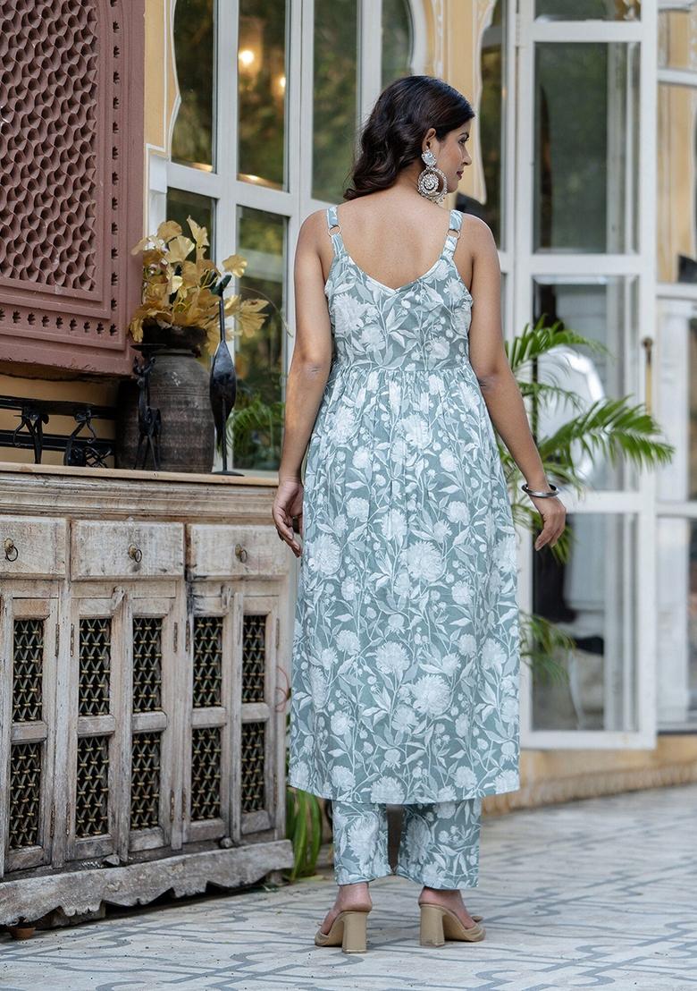 Green Floral Print Pure Cotton Kurta Set - Indya