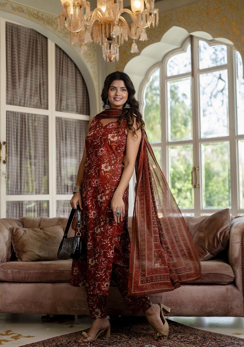 Rust Floral Print Pure Cotton Kurta Set
