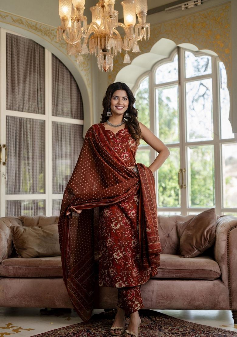 Rust Floral Print Pure Cotton Kurta Set