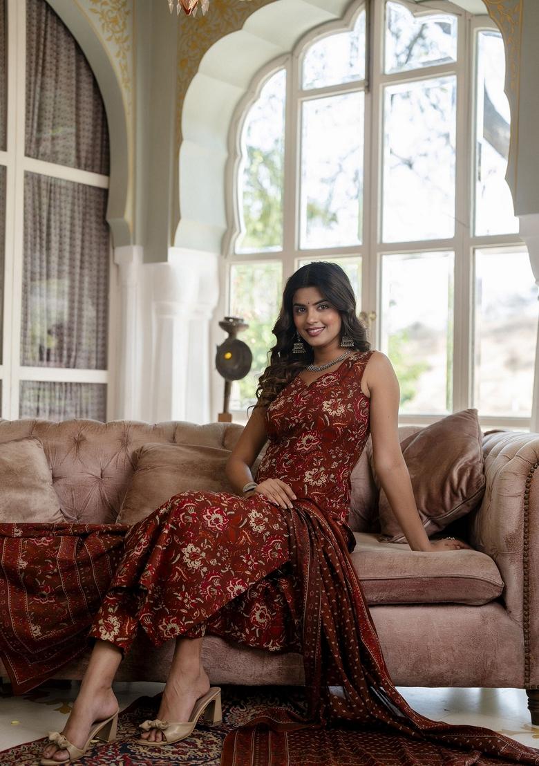 Rust Floral Print Pure Cotton Kurta Set