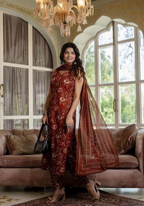 Rust Floral Print Pure Cotton Kurta Set
