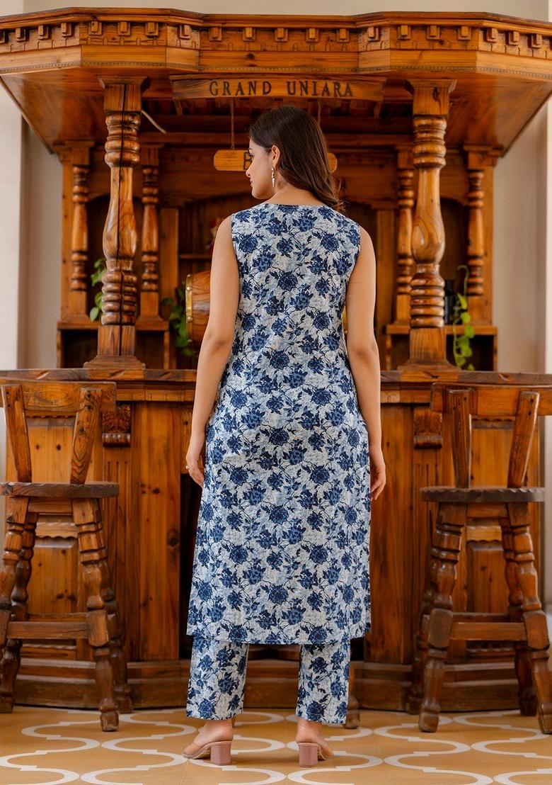 Blue Printed Pure Cotton Kurta Set - Indya