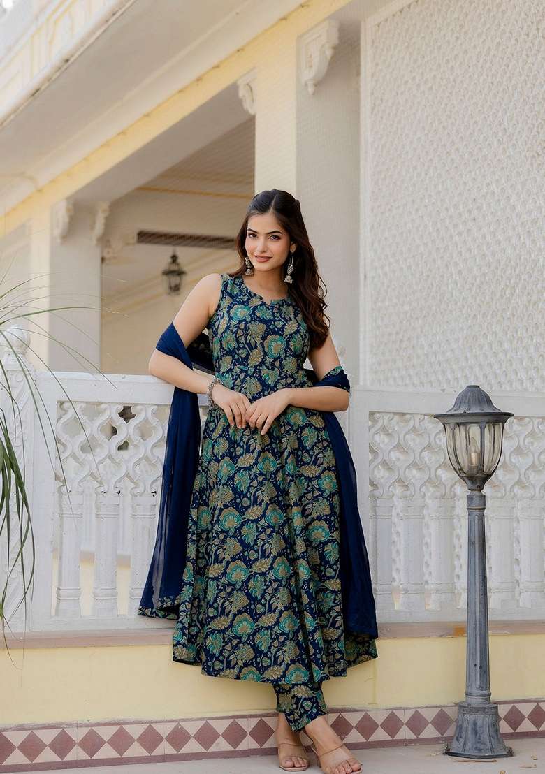 Blue Printed Cotton Anarkali With Dupatta - Indya