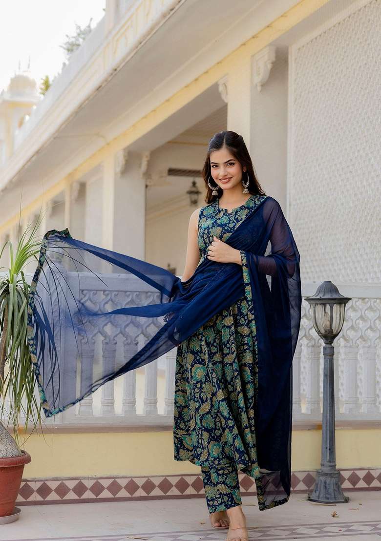 Blue Printed Cotton Anarkali With Dupatta - Indya