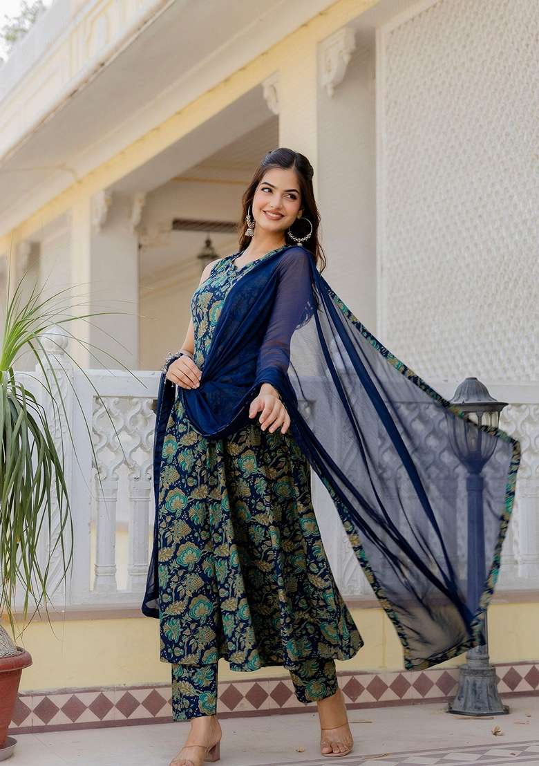 Blue Printed Cotton Anarkali With Dupatta - Indya