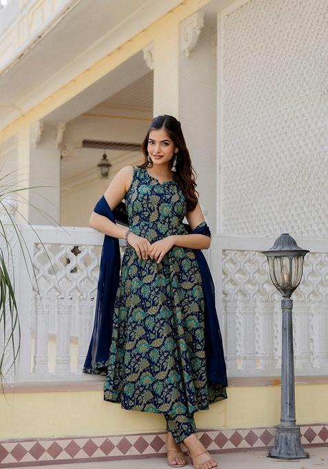 Blue Floral Print Pure Cotton Anarkali Set