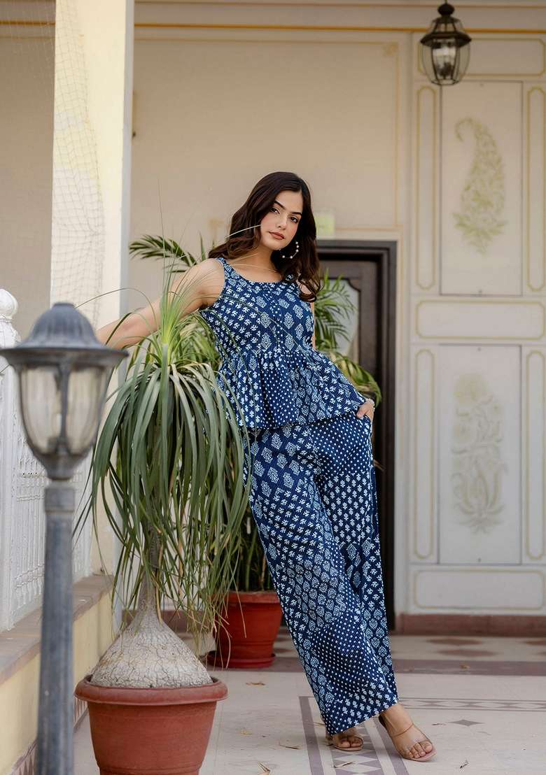 Blue Printed Pure Cotton Co-Ords Set for Diwali | Wedding & Festive Wear - Indya