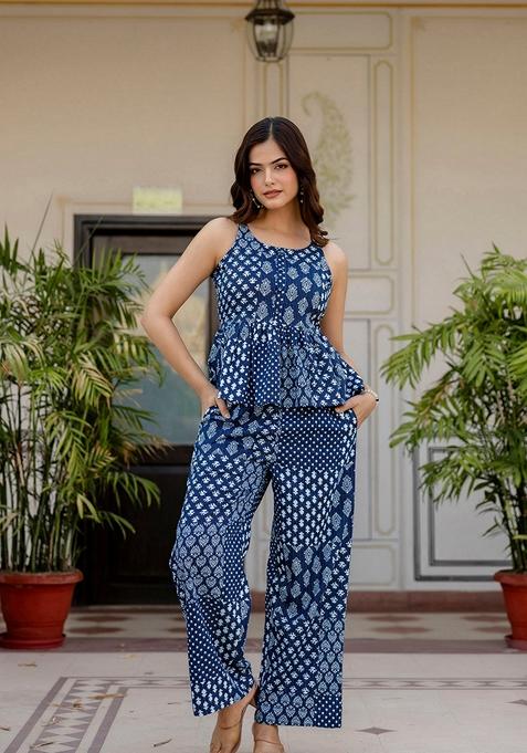 Blue Printed Pure Cotton Co-Ords Set