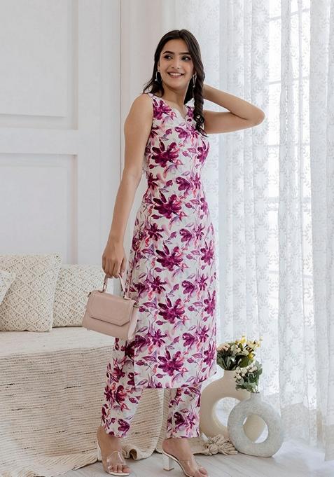 White Printed Cotton Blend Kurta Set