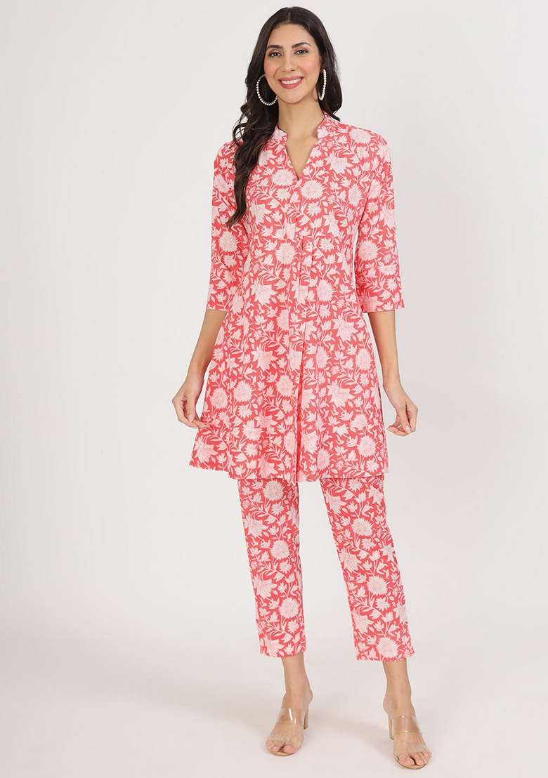Pink Printed Cotton Co Ord Set for Diwali and Festive Wear - Indya