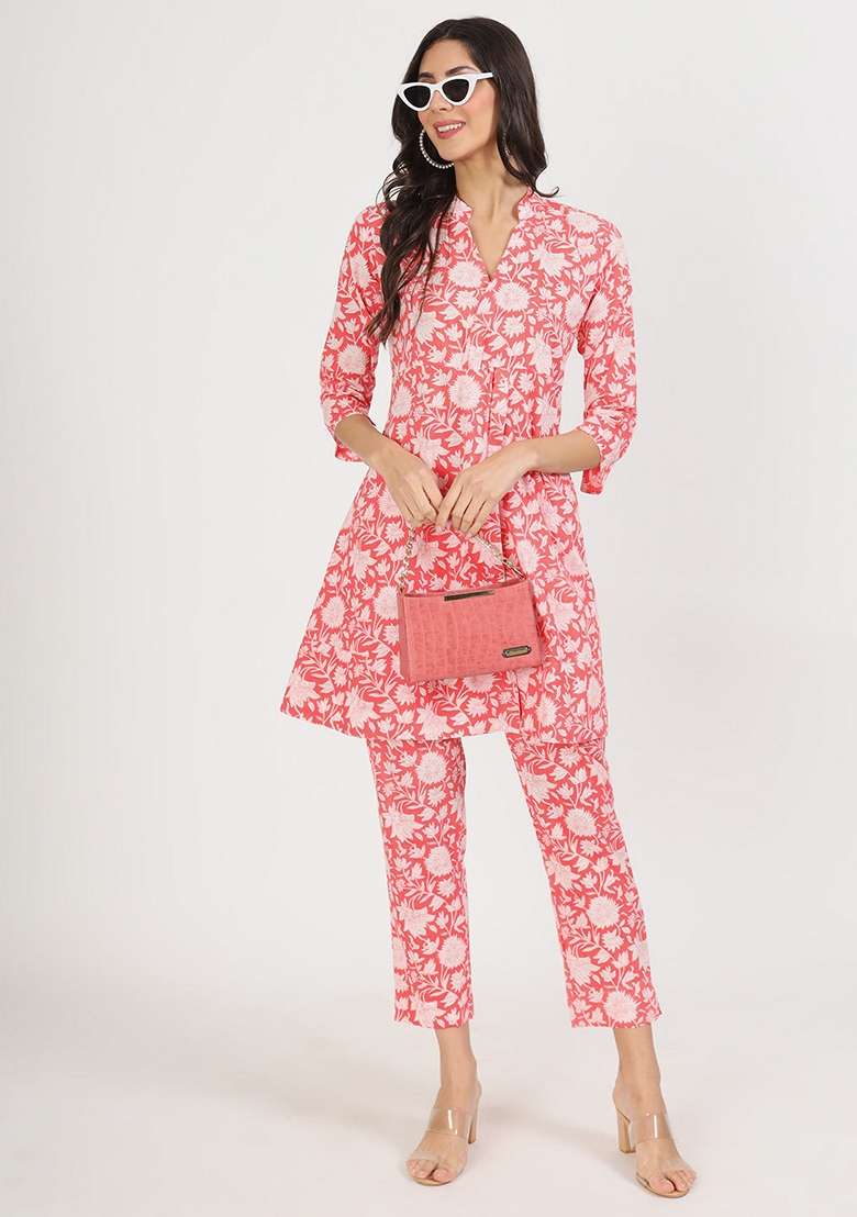 Pink Printed Cotton Co Ord Set for Diwali and Festive Wear - Indya