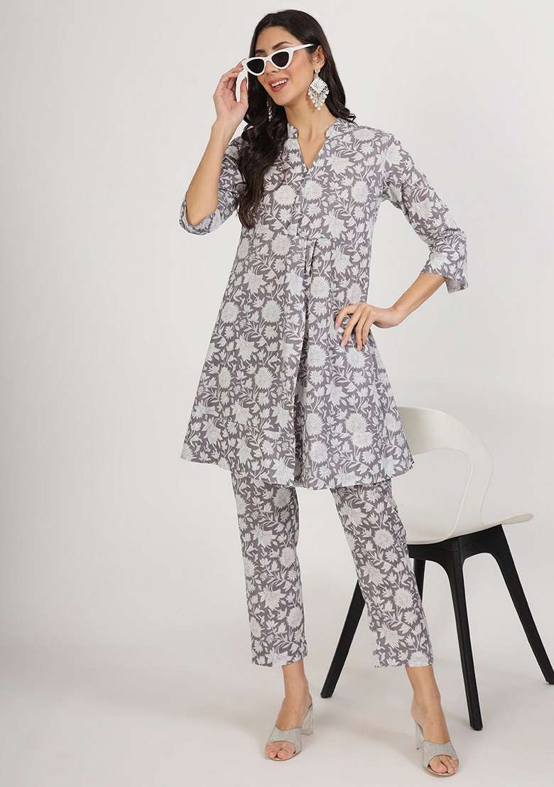 Grey Printed Cotton Co Ord Set for Diwali and Festive Wear - Indya