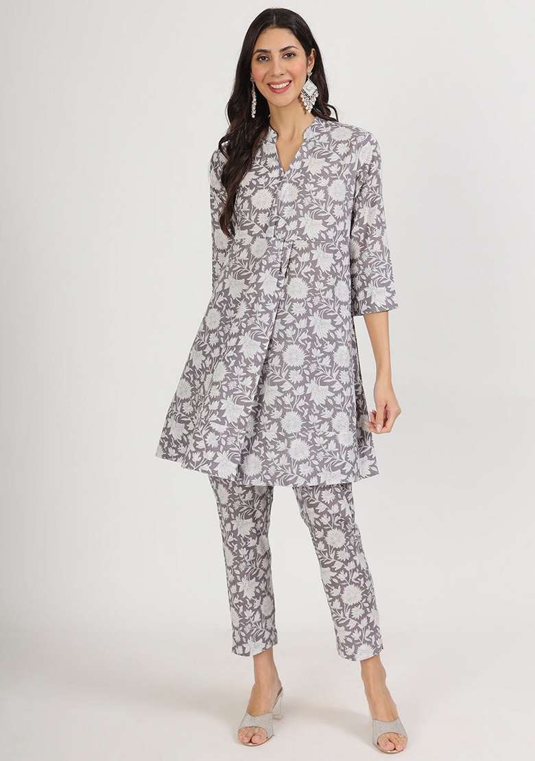 Grey Printed Cotton Co Ord Set for Diwali and Festive Wear - Indya