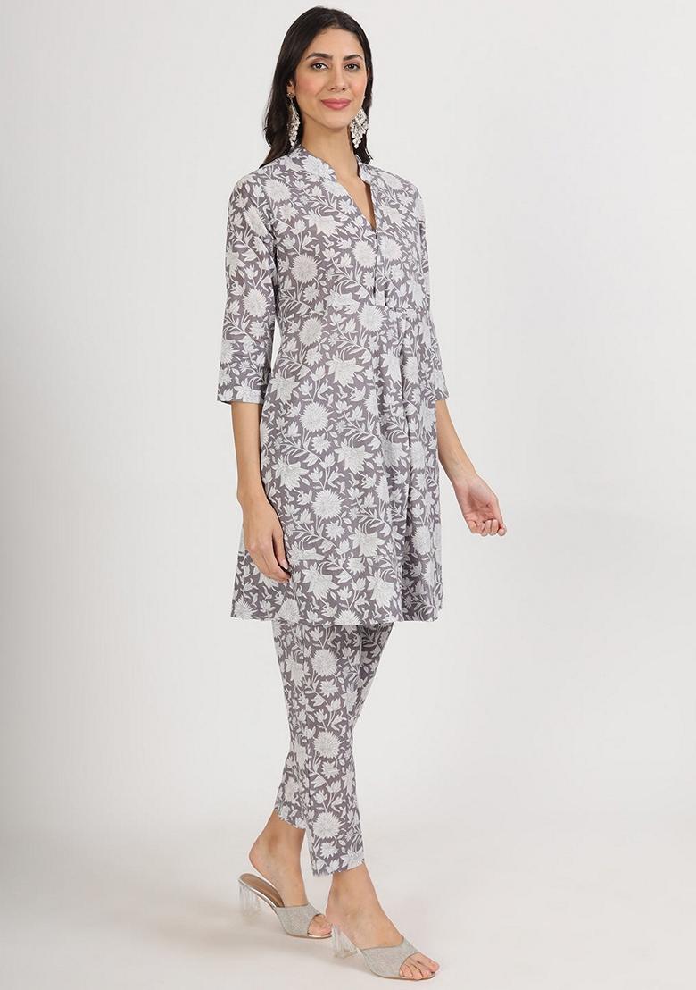 Grey Floral Print Cotton Co-Ords Set