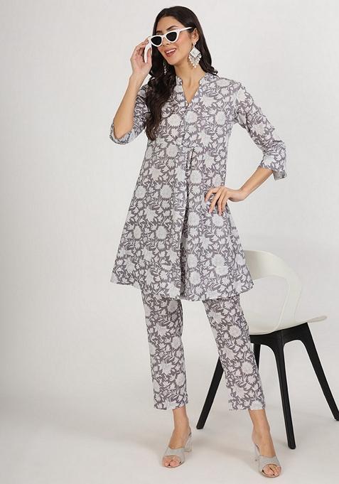 Grey Floral Print Cotton Co-Ords Set