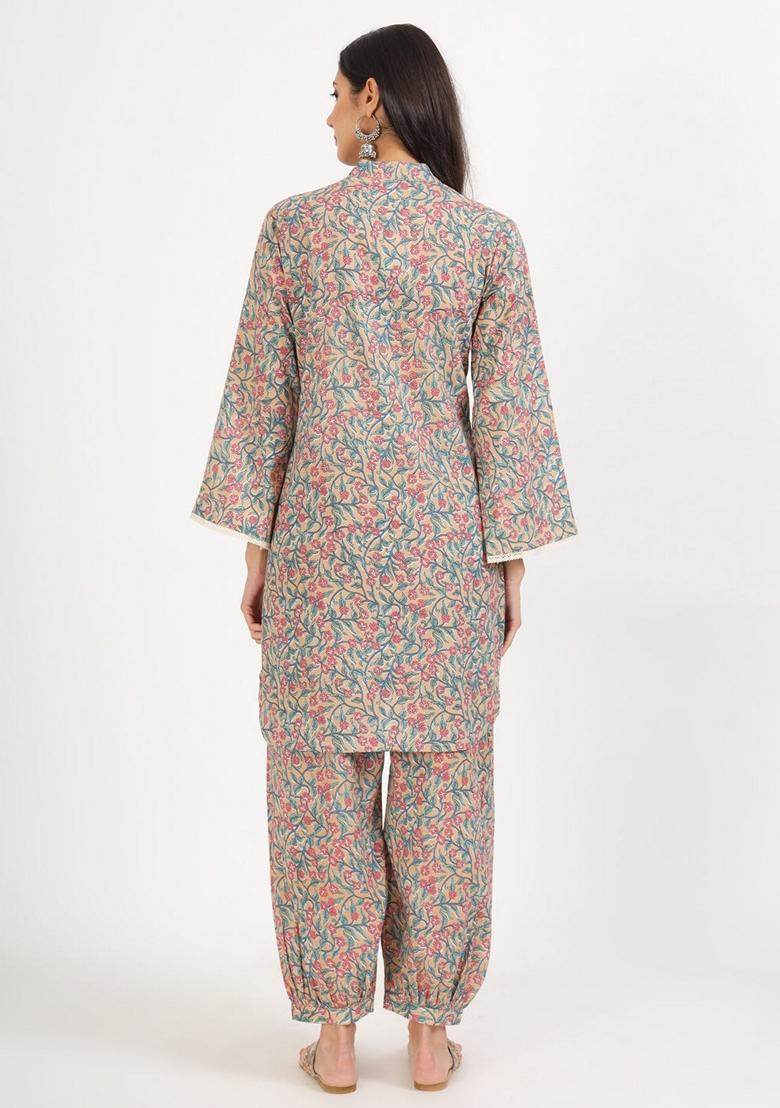 Beige Floral Print Pure Cotton Kurta Set - Indya