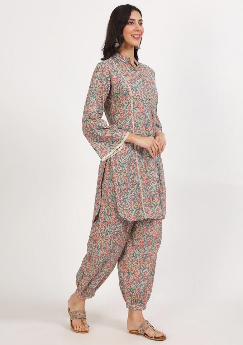 Beige Floral Print Pure Cotton Kurta Set - Indya