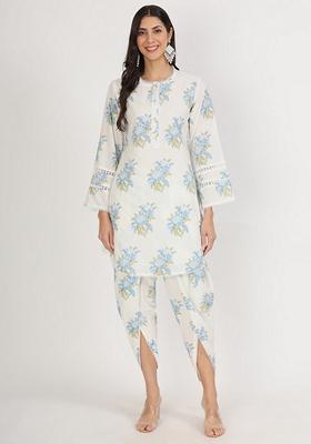 White Floral Print Pure Cotton Kurta Set
