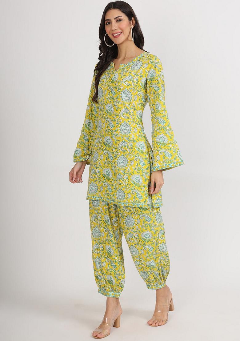 Green Floral Print Viscose Rayon Kurta Set - Indya