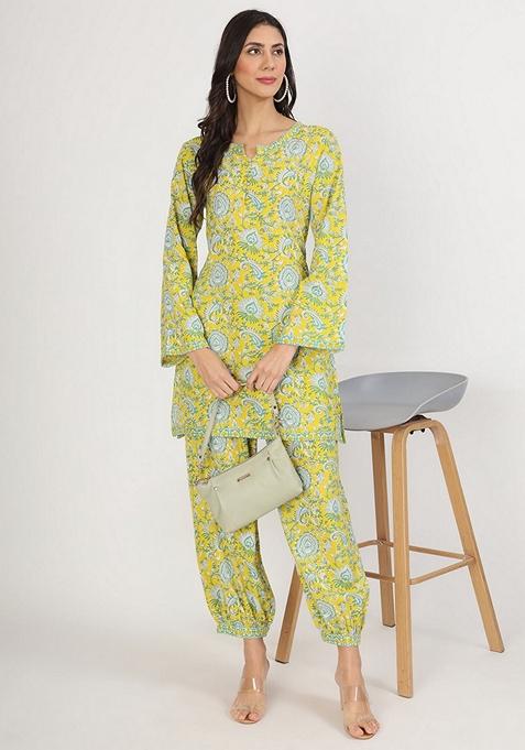 Green Floral Print Viscose Rayon Kurta Set