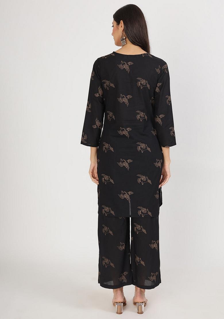 Black Printed Pure Cotton Kurta Set