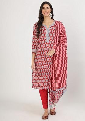 Red Floral Print Pure Cotton Kurta Set