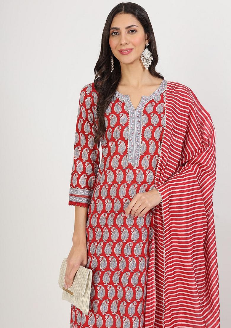 Red Floral Print Pure Cotton Kurta Set