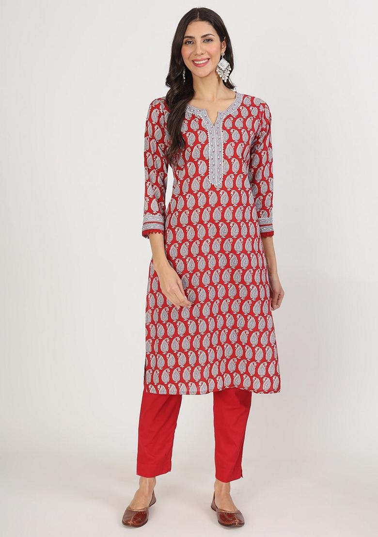 Red Floral Print Pure Cotton Kurta Set