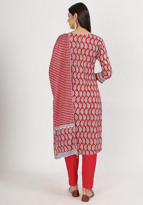 Red Floral Print Pure Cotton Kurta Set