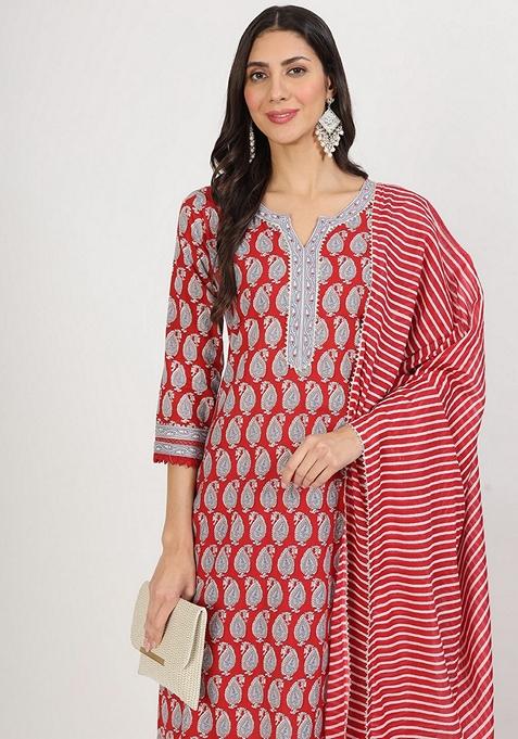 Red Floral Print Pure Cotton Kurta Set