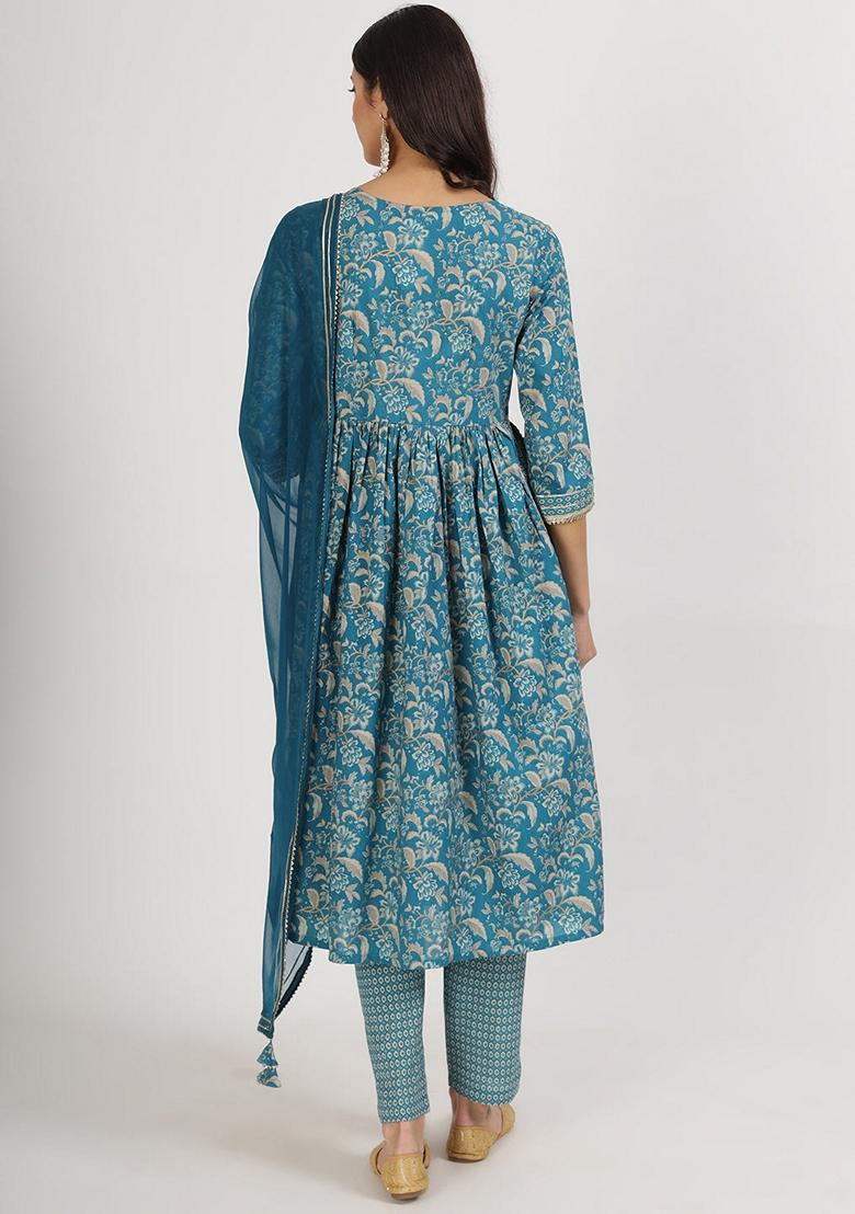 Turquoise Blue Floral Print Pure Cotton Kurta Set
