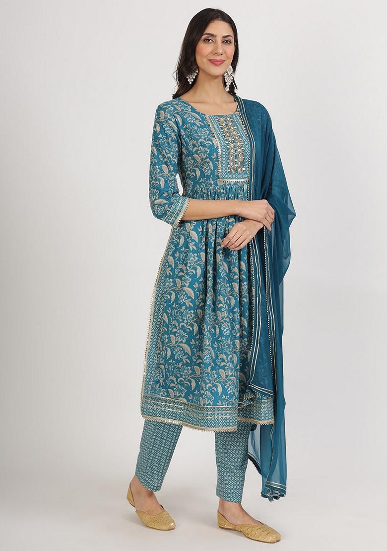 Turquoise Blue Floral Print Pure Cotton Kurta Set