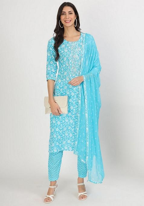 Blue Floral Print Pure Cotton Kurta Set