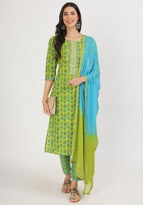 Green Floral Print Pure Cotton Kurta Set