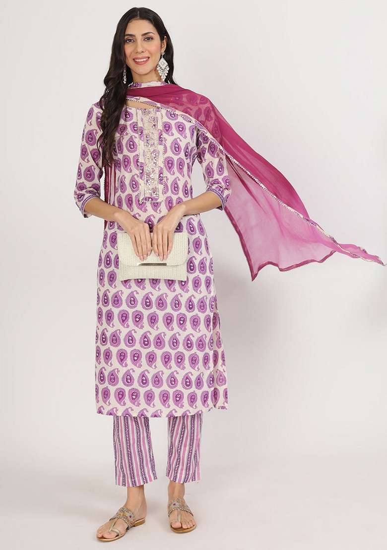 Purple Printed Cotton Straight Kurta Set - Indya