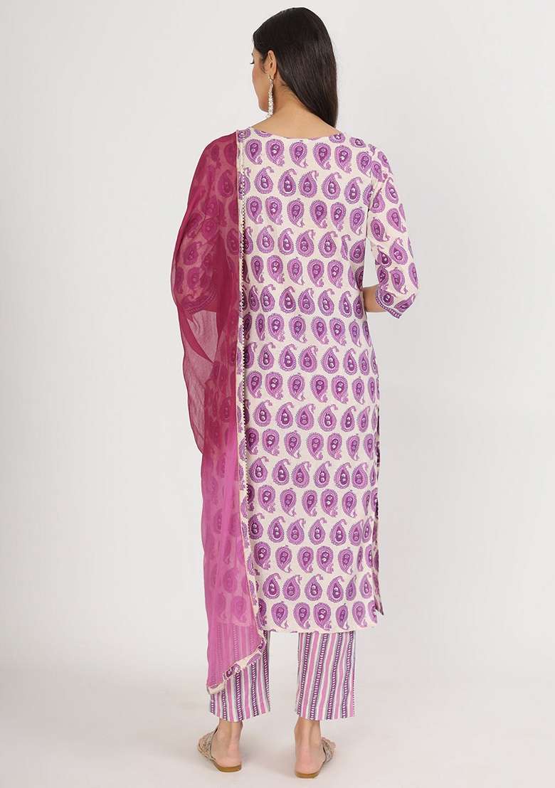 Purple Printed Cotton Straight Kurta Set - Indya